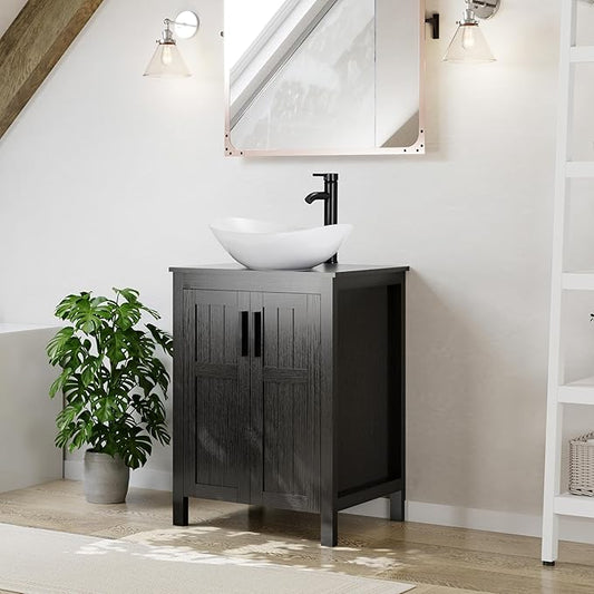 UEV Black 24" Bathroom Vanity with Sink Combo,Modern Vanity with Vessel Sink,Stylish Bathroom Vanity Cabinet,Grooved Doors & Metal Handles,Modern White Boat Vessel Sink(T44)
