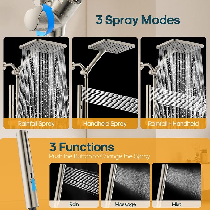 High Pressure Rain Shower Head with Handheld Combo, 10 Inch Square Rainfall Showerhead, Adjustable Slide Bar Dual Shower System, 3 Spray Modes, 59" Stainless Steel Hose, Brushed Nickel