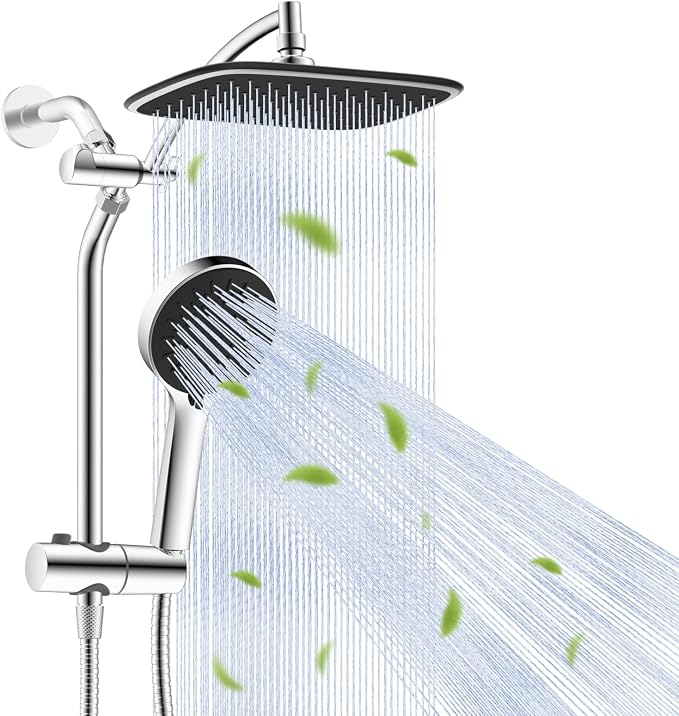 10" Rain Shower Head with Handheld/Extension Arm, Easy-Reach Holder, Chrome | High-Pressure Boosting Rainfall Showerhead with Metal Adjustable Extension Arm, 5-Spray Modes with Power Wash, Easy Install