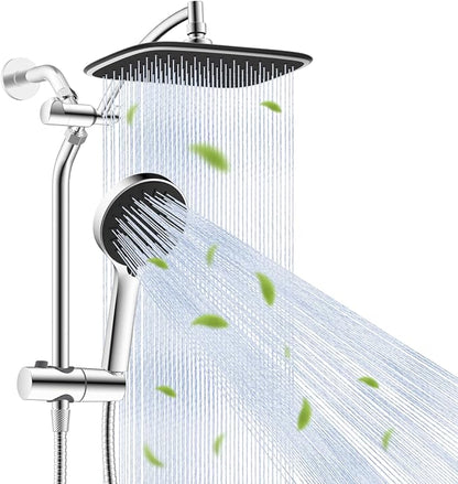 10" Rain Shower Head with Handheld/Extension Arm, Easy-Reach Holder, Chrome | High-Pressure Boosting Rainfall Showerhead with Metal Adjustable Extension Arm, 5-Spray Modes with Power Wash, Easy Install