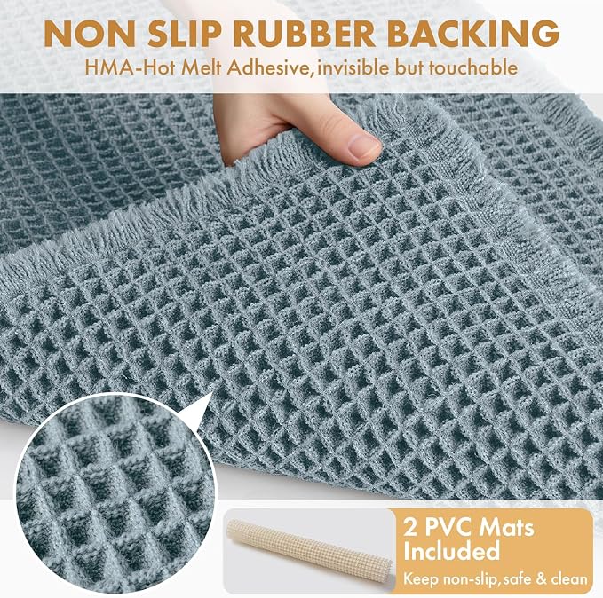 MIULEE Set of 2 Waffle Bathroom Rugs Boho Bath Mat Dusty Blue 18x30 Inch | Non Slip, Super Absorbent, Washable, Ultra Soft, Rubber Backed Bath Rugs for Bathroom Floor Tub Shower