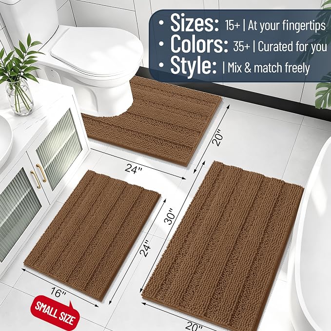 Smiry Thick Chenille Bathroom Runner Rugs 44x24, Absorbent Bath Mat, Mocha | Quick‑Dry & Machine Washable, Non‑Slip Bath Carpet, Soft Striped Bath Rugs for Tub & Shower, Modern Home Decor Accessories