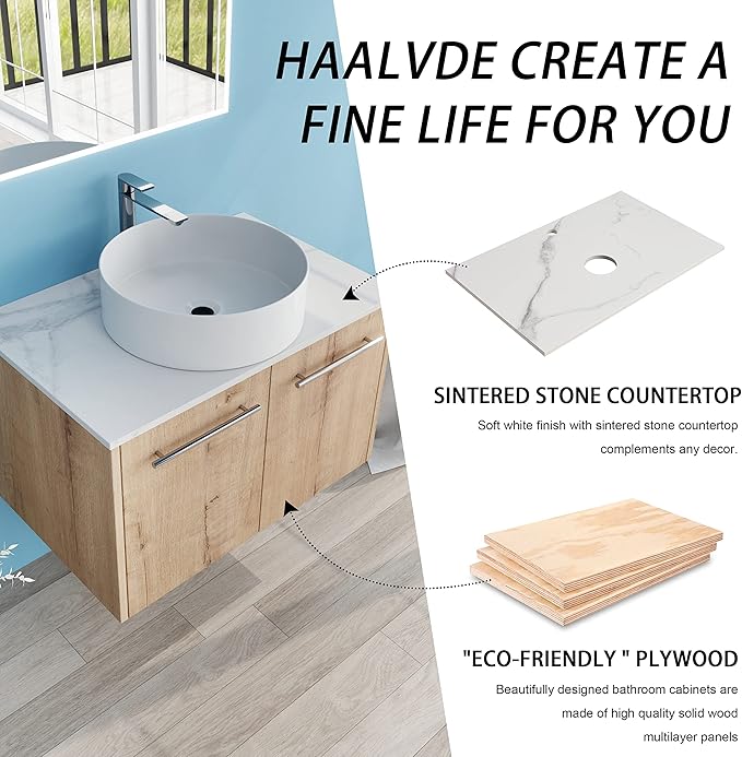 30" Floating Vanity with Sink, 30 Inch Bathroom Vanity with Sink, Modern Plywood Floating Cabinet with Sintered Stone Countertop and White Ceramic Basin, Soft Close Doors
