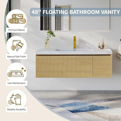 48'' Floating Bathroom Vanity with Sink Combo, Modern Wall-Mounted Striped Bathroom Storage Cabinet with Soft-Close Drawer and Glossy White Solid Surface Basin, Natural Oak, No Assembly Required