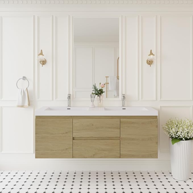 KEIKI 60" Wall-Mounted Bathroom Vanity with Double Sinks - Floating Design, 2 Soft-Close Drawers & Doors & Resin Basin, Space-Saving for Small Bathrooms, Natural Oak
