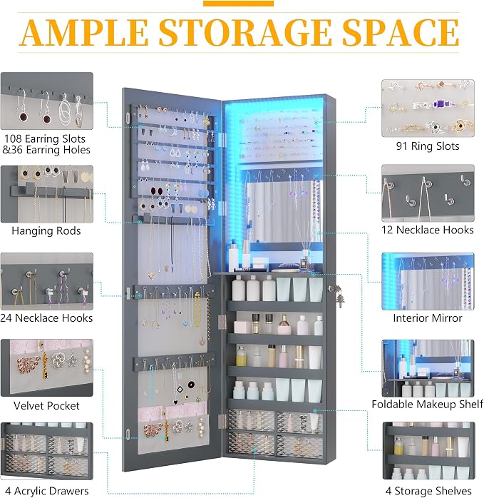 47.2" LED Jewelry Mirror Cabinet, Wall/Door Mounted Jewelry Armoire Organizer with Full Length Mirror, Large Storage Hanging Cabinet, 4 Drawers, 5 Shelves, Built-in Lighted Mirror (Grey)