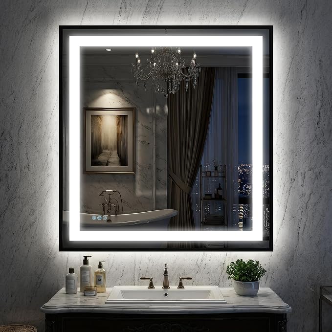 Antok 36X36 LED Bathroom Mirror with Lights, Vanity Mirror for Wall with Black Frame, Touch Control, Anti-Fog, Dimmable Lights, Shatter-Proof, Memory Function, Wall-Mounted Vanity Mirrors