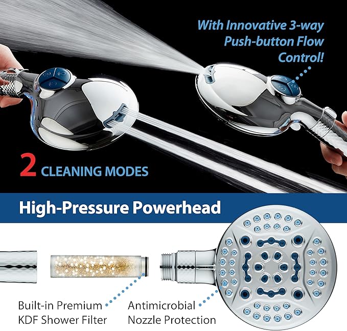AquaCare 4X 10-Mode High Pressure Hand Shower w/Filter & 2-mode Power Wash | Filters Chlorine & Toxins, Softens Hard Water for Healthy Skin & Hair. Handheld Power Head Cleans Tub, Tile & Pets / Chrome