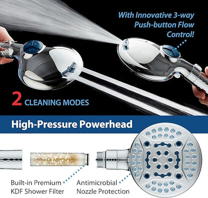 AquaCare 4X 10-Mode High Pressure Hand Shower w/Filter & 2-mode Power Wash | Filters Chlorine & Toxins, Softens Hard Water for Healthy Skin & Hair. Handheld Power Head Cleans Tub, Tile & Pets / Chrome