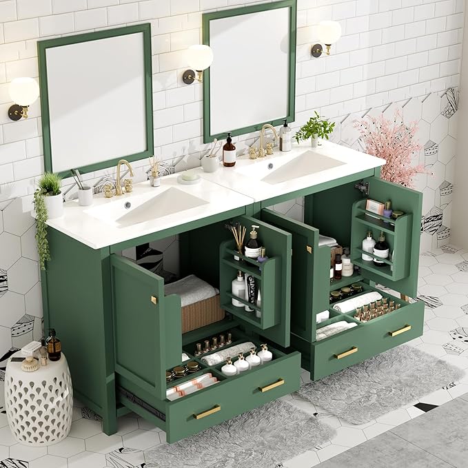 LUMISOL 60" Bathroom Vanity with Double Sink, Solid Wood Bathroom Sink Cabinet with Divided Drawers, Storage Racks & Cabinets, Separate 2 Bathroom Vanities with Double Ceramic Sinks, Green