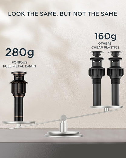 FORIOUS Antique Brass Waterfall Bathroom Faucets 3 Hole, 2 Handle Oil Rubbed Bronze Bathroom Sink Faucet Widespread with Metal Pop-up Drain and CUPC Supply Lines, for 4-16” Centerset Sink