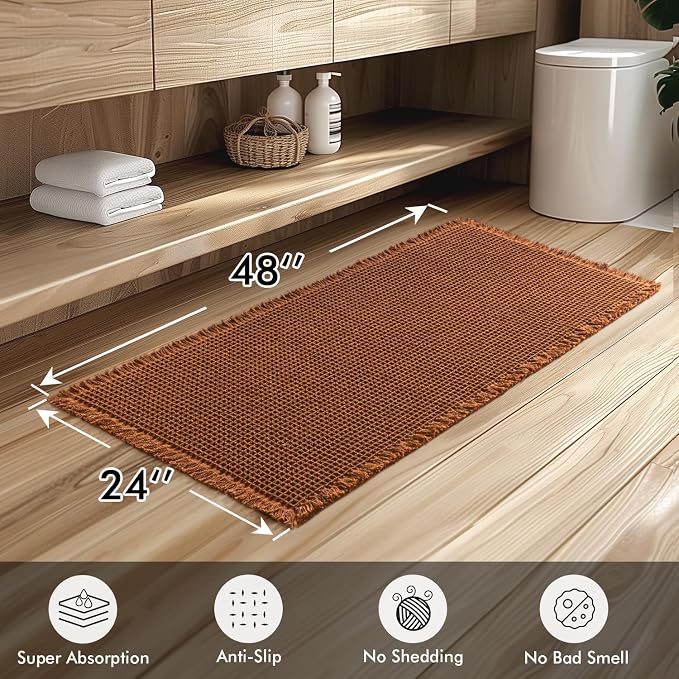 MIULEE Set of 2 Waffle Bathroom Runner Rugs Caramel 2'x4'(24"x48") | Non Slip, Super Absorbent, Washable, Ultra Soft, Boho Bath Mats for Bathroom Hallway Bedroom Laundry Room Kitchen
