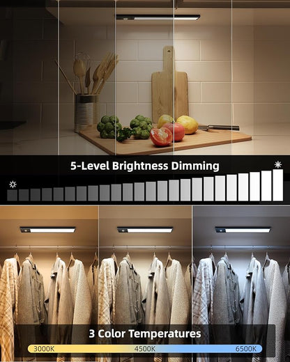EZVALO 8" Under Cabinet Lights, 2500mAh USB-C Rechargeable Motion Sensor Light, 3 Color Temps, 5-Level Dimmable Magnetic Wireless Closet Lights for Kitchen, Pantry, Stairs (2 Pack)
