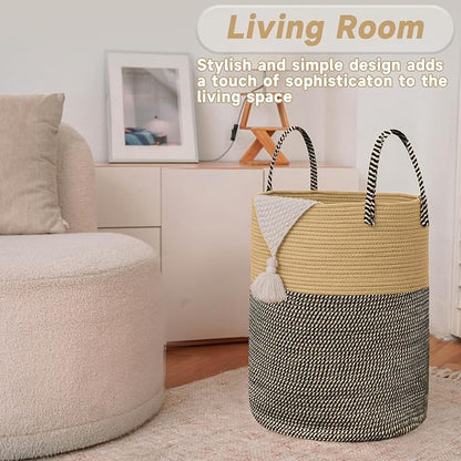 JMvicyroam 100L Cotton Rope Laundry Basket Hamper, Brown and Black | Collapsible laundry basket, reinforced handles, freestanding, machine washable, holds 3-5 thick blankets, clothes or toys
