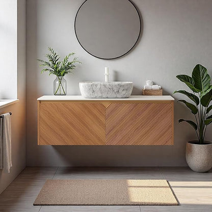 Floating Bathroom Vanity with Sink, 48" Bathroom Storage Cabinet with Sintered Stone Countertop & Marble-Pattern Ceramic Basin, Wall-Mounted Vanity with 2 Twill Pattern Doors, Brown Oak