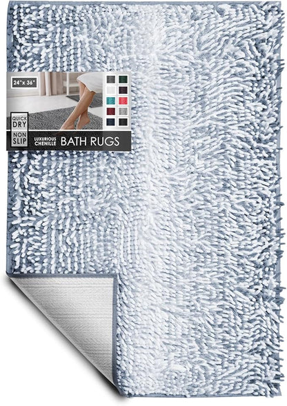 Hearth & Harbor Bathroom Rugs, Chenille Bath Mat - Machine Washable Bath Mats for Bathroom Non-Slip Backing Rubber, Quick Dry Bathroom Mat, 24 x 36 - Ombre Blue