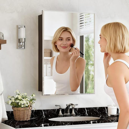 20x30 Medicine Cabinet with Mirror, 6 Adjustable Tempered Glass Shelves, Soft-Close DTC Hinges, Matte Black Aluminum Bathroom Storage, Surface or Recessed Mount, Tempered Beveled Mirror
