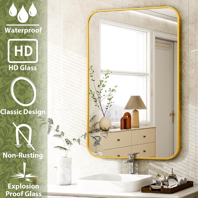 Easly 26 x 38 Inch Bathroom Mirror, Rounded Rectangular Vanity Mirror for Wall, Modern Mirror for Room Decor, Gold Framed Wall-Mounted Mirrors for Home Decor, Hangs Horizontally or Vertically