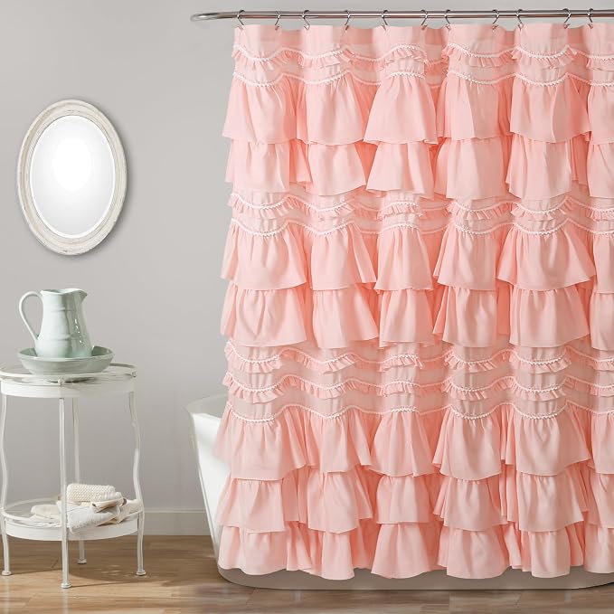 Lush Decor Kemmy Ruffled Shower Curtain, Single, 72" W x 72" L, Peachy Pink - Bathroom Curtain - Fabric Shower Curtains for Bathroom - Coquette Decor