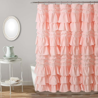 Lush Decor Kemmy Ruffled Shower Curtain, Single, 72" W x 72" L, Peachy Pink - Bathroom Curtain - Fabric Shower Curtains for Bathroom - Coquette Decor