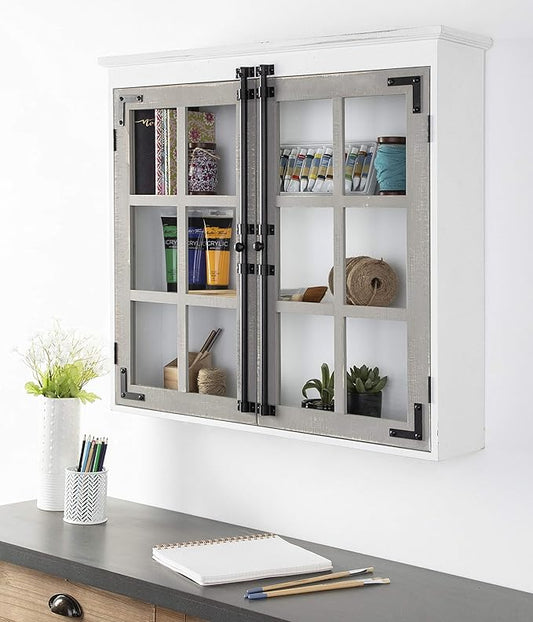 Kate and Laurel Hutchins Decorative Farmhouse Wood Wall Cabinet, 30 x 6.5 x 27.5, White and Gray, Wall Cabinet with Window Pane Glass Doors