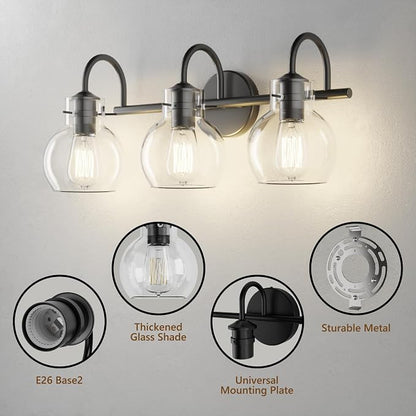 3 Lights Bathroom Vanity Light Fixtures Over Mirror Modern Black | Wall Sconce,Elegant Globe Glass Shade,E26 Base, UL Certified,Anti-Rust,Damp Rated,Matte Black,Bathroom Bedroom Living Room