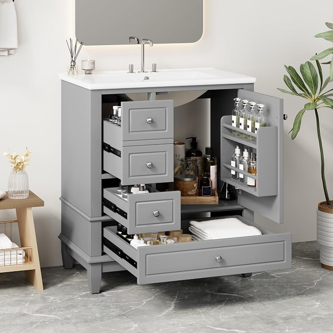 30" Vanity with Sink, Bathroom Vanities 30 Inch with Sink, Single Sink Bathroom Vanity with Shelf and Three Drawers, Soft Close Door, Restroom Vanity with Sink Top (Grey)