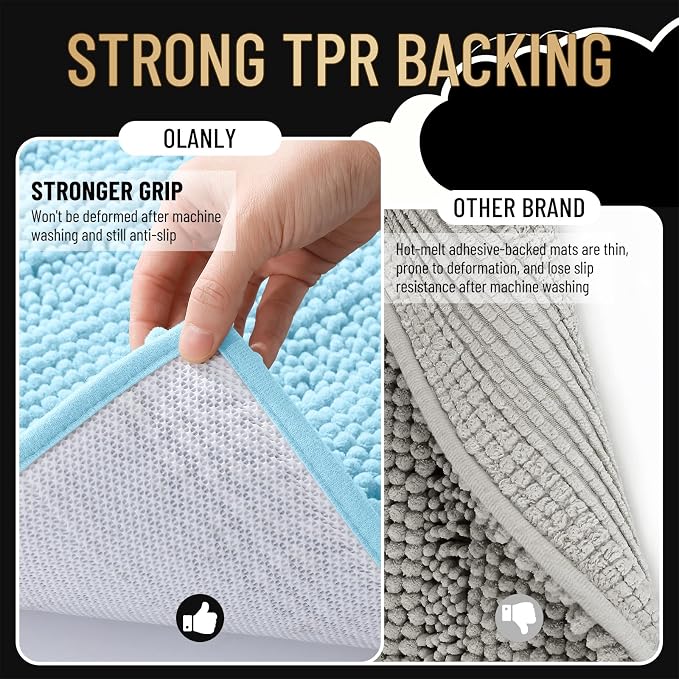 OLANLY Thick Bathroom Rugs 36x24, Soft Chenille Striped Bath Rugs, Sky Blue | Rubber Backing, Machine Wash, Extra Absorbent Bath Mats for Bathroom Floor, Tub and Shower, Home Decor Accessories