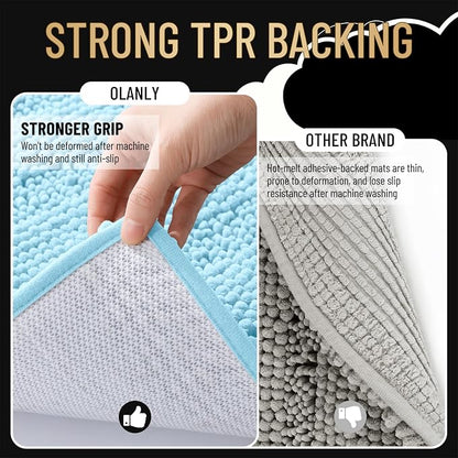OLANLY Thick Bathroom Rugs 30x20, Soft Chenille Striped Bath Rugs, Sky Blue | Rubber Backing, Machine Wash, Extra Absorbent Bath Mats for Bathroom Floor, Tub and Shower, Home Decor Accessories
