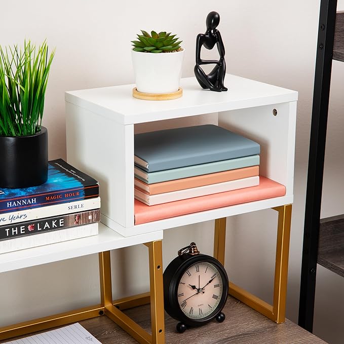 Mind Reader Floating Shelves, Wall-Mounted Office Organizers, Modern MDF Display Storage with Metal Rail, Metal. MDF, Set of 2, White