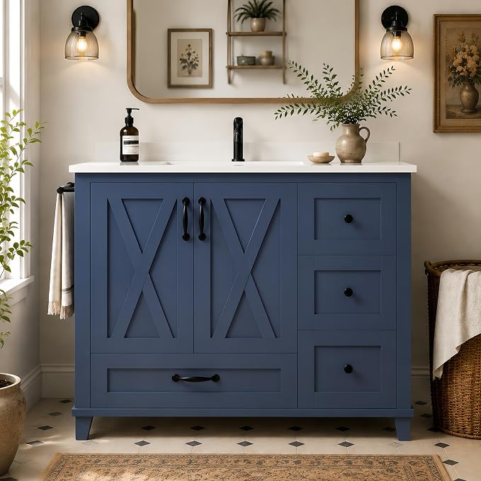 36" Bathroom Vanity with Sink, Freestanding Bathroom Cabinet | Ceramic Top & Backsplash, 4 Storage Drawers, X-Shaped Doors, Adjustable Shelving, Door Storage and Towel Bar, Navy Blue