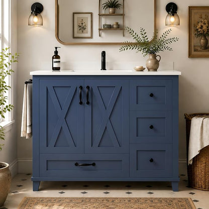 36" Bathroom Vanity with Sink, Freestanding Bathroom Cabinet | Ceramic Top & Backsplash, 4 Storage Drawers, X-Shaped Doors, Adjustable Shelving, Door Storage and Towel Bar, Navy Blue