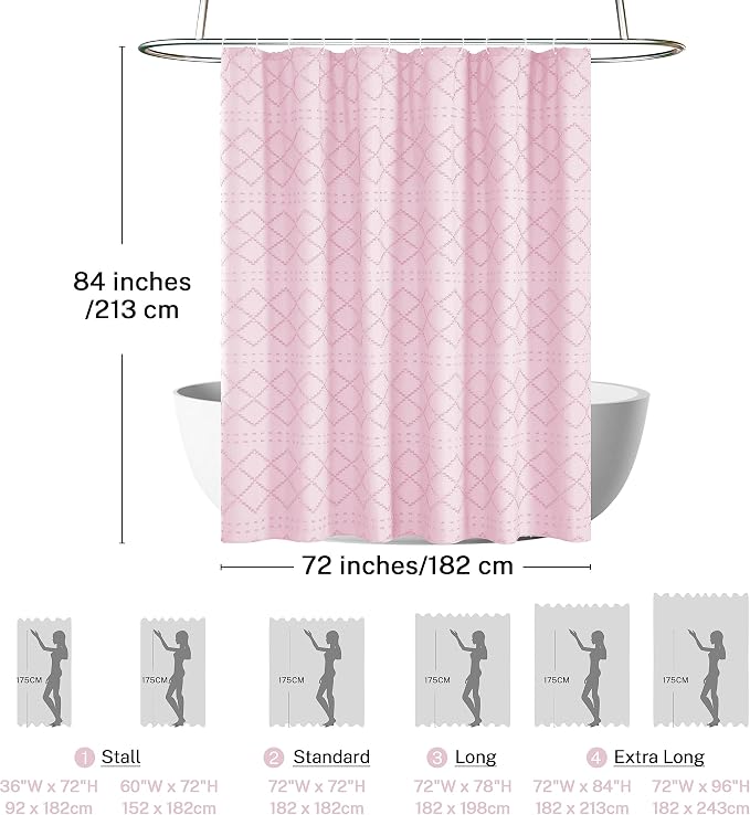 Siiluminisoy Extra Long Pink Boho Shower Curtain Woven Fabric Cute 84 Inch Shower Curtain, 72 x 84 Tufted Chevron Textured Striped Modern Farmhouse Minimalist Cloth Shower Curtain for Bathroom