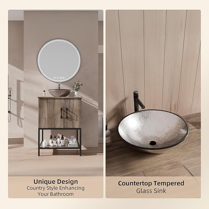 VNN Small Bathroom Vanity with Sink - 24 Inch Vanity with Sink, Freestanding Cabinet with Open Shelf, Modern Iron Wood Bathroom Cabinet with Countertop Tempered Glass Vessel, Grey