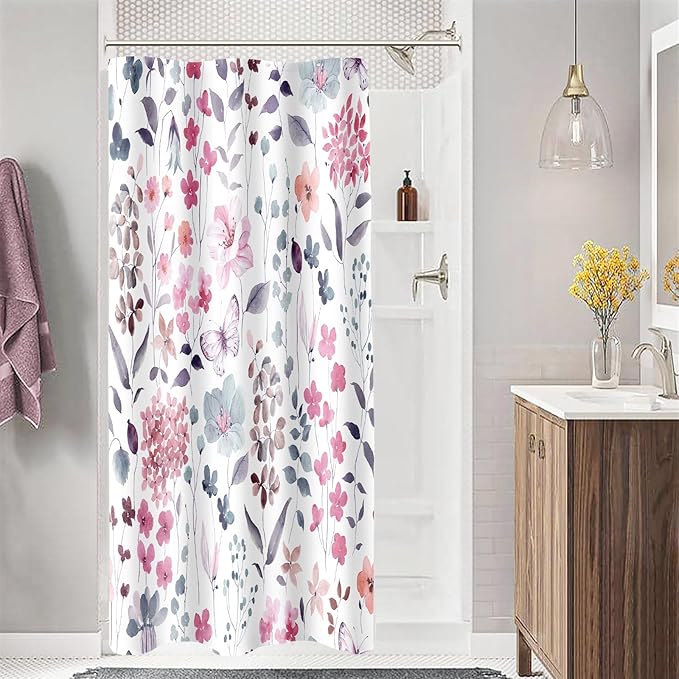 Small Stall Shower Curtain 36 x 72 Inch, Half Narrow Pink Blue Floral Shower Curtain for Bathroom, Watercolor Flower Butterfly Fabric Shower Curtain Set with Hooks