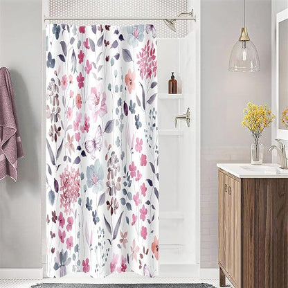 Small Stall Shower Curtain 36 x 72 Inch, Half Narrow Pink Blue Floral Shower Curtain for Bathroom, Watercolor Flower Butterfly Fabric Shower Curtain Set with Hooks