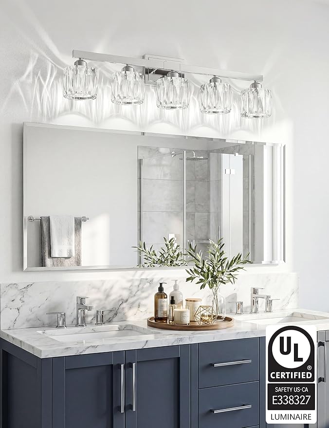 VOLISUN Crystal Vanity Lights for Bathroom, 5 Light Bathroom Vanity Light, Modern Stainless Steel Bathrooms Lights Over Mirror, Chrome Bathrooms Lights Fixtures-UL Certificated(Exclude Bulb)