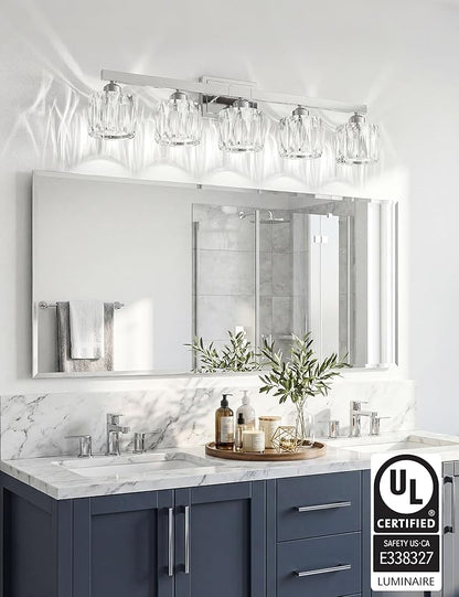 VOLISUN Crystal Vanity Lights for Bathroom, 5 Light Bathroom Vanity Light, Modern Stainless Steel Bathrooms Lights Over Mirror, Chrome Bathrooms Lights Fixtures-UL Certificated(Exclude Bulb)