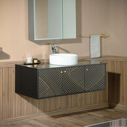 Woodbridge 48" Wall Mounted Floating Bathroom Vanity – Round Ceramic Vessel Sinks & Black Engineered Stone Top, Matte Black Lacquer Finish and Gold Accents, Space-Saving Wall-Mount Style