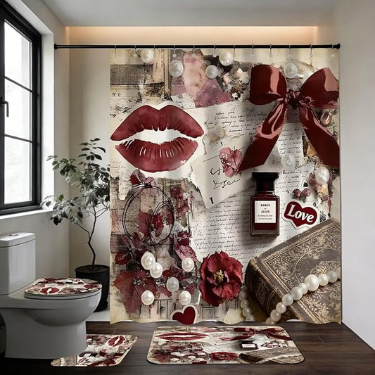 DDQQ 4Pcs Sexy Lip Shower Curtain Set Women Pearl Bow Bathroom Decor Set, Fashion Red Flower Perfume Bathroom Curtains Shower Set with Rugs, Girly Shower Curtain with 12 Hooks