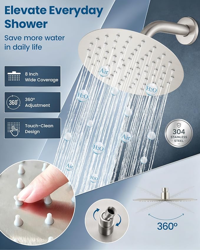 Airuida 8 Inch Brushed Nickel Shower Faucet Set,Shower Valve Kit | Female Threads Rough-in Valve Shower Trim Kit,Single Handle Control Shower Set