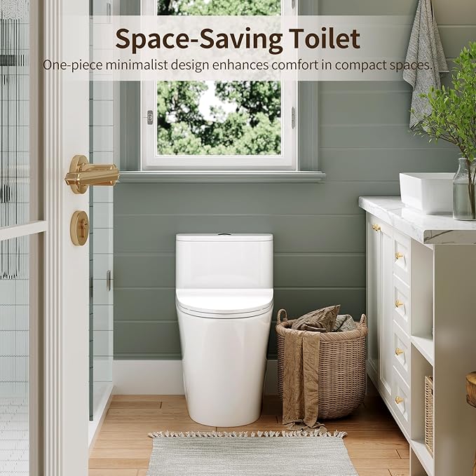 DeerValley Compact One-Piece Toilet 1.28 GPF Single Flush Fully Skirted Bowl with Soft-Close Seat White Space-Saving Elongated Toilets for Small Bathrooms