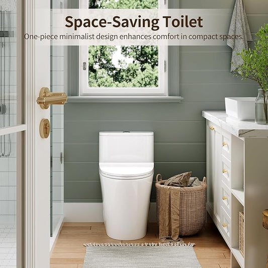 DeerValley Compact One-Piece Toilet 1.28 GPF Single Flush Fully Skirted Bowl with Soft-Close Seat White Space-Saving Elongated Toilets for Small Bathrooms