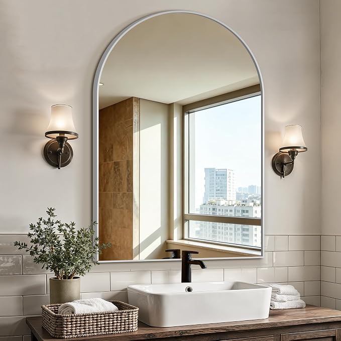 Arched Bathroom Vanity Mirror for Over Sink, 38”x26”, Silver | HD Tempered Glass, Anti-Rust Metal Frame, Hanging or Leaning, Wall Mirrors for Bathroom Sink, Bedroom, Living Room, Entryway
