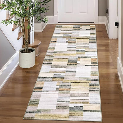 Washable Runner Rugs 2x6 Rug Runner Modern Non Slip Kitchen Rugs Indoor Entryway Rug Farmhouse Soft Bath Mat Stain Resistant Carpet for Bedroom Hallway Laundry 2'x6' Khaki&Grey