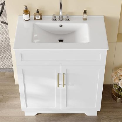 OLD CAPTAIN Bathroom Vanity with Ceramic Sink, 30" Freestanding Quick Assembly Bathroom Vanity Cabinet with Storage, White