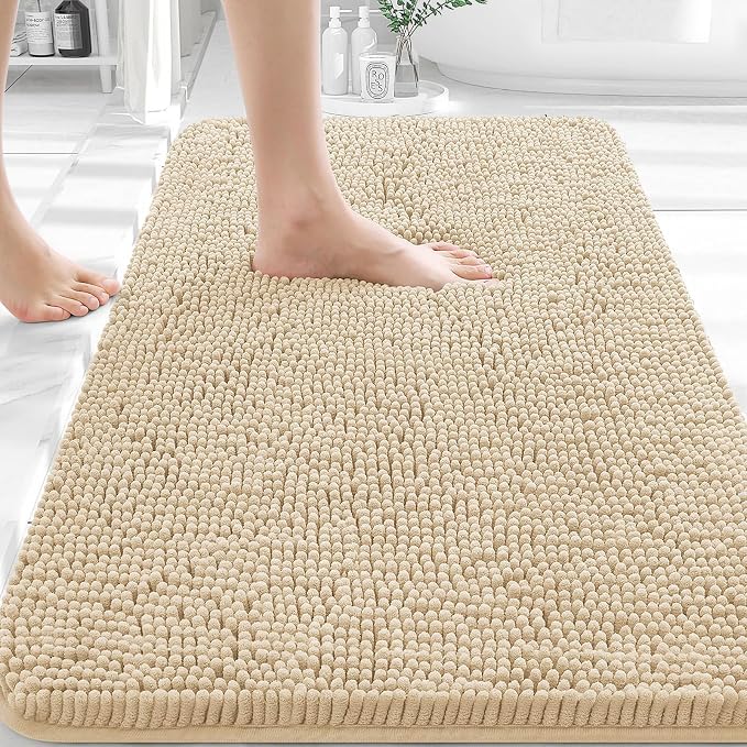 OLANLY Bathroom Rugs 32x20, Extra Soft Absorbent Chenille Bath Rugs | Beige, Quick-Drying Rubber Backing, Machine Washable Bath Mat for Bathroom Floor, Tub and Shower, Home Decor Accessories