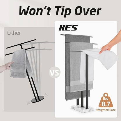 KES Standing Towel Rack with Marble Base, 3-Tier Towel Rack Stand for Bathroom Floor, Towel Racks for Large Bath Towel & Hand Towel, 18/8 Stainless Steel Matte Black, BTH217S3-BK