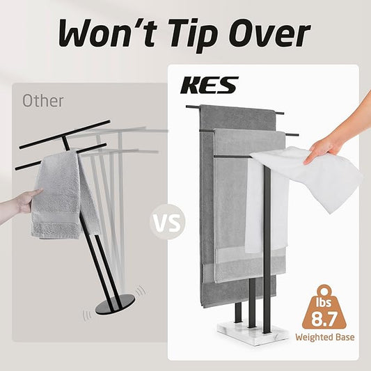 KES Standing Towel Rack with Marble Base, 3-Tier Towel Rack Stand for Bathroom Floor, Towel Racks for Large Bath Towel & Hand Towel, 18/8 Stainless Steel Matte Black, BTH217S3-BK