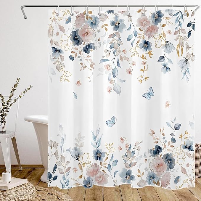 Pink Floral Butterfly Shower Curtain Blue and Gold Flower Design Country Botanical Nature Bathroom Decor with Hooks, 60 x 72 Inch